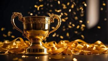 ai generiert golden Gewinner Tasse auf dunkel Hintergrund foto