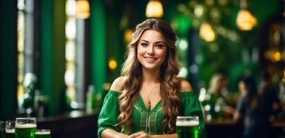 ai generiert schön Mädchen mit ein Glas von Grün Bier im ein Bar foto