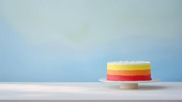 ai generiert mehrfarbig Regenbogen Kuchen auf Blau Hintergrund mit ein leer Bild zum Text. runden Kuchen auf Stand mit Kopieren Raum. lgbt foto