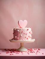 ai generiert Valentinsgrüße Tag Rosa Kuchen mit Herz auf runden Stand mit minimalistisch Hintergrund. einfach Gruß Karte und Einladung mit Schmetterling. Frühling Hochzeiten und Geburtstage Vorlage mit Kopieren Raum foto