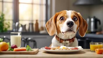 ai generiert süß Hund Sitzung im das Küche beim das Tabelle foto