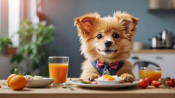 ai generiert süß Hund Sitzung im das Küche beim das Tabelle foto