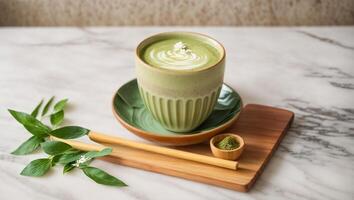 ai generiert Matcha Tee auf das Tabelle foto