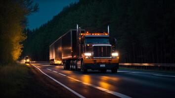 ai generiert modern LKW Fahren auf das Straße beim Nacht im Sommer- foto