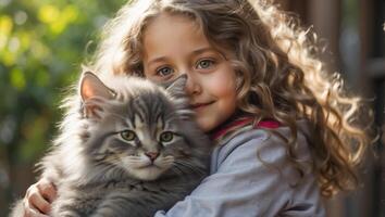 ai generiert wenig Mädchen mit süß Katze draussen Porträt foto