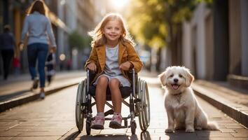 ai generiert wenig Mädchen im ein Rollstuhl auf das Straße mit ein Hund foto