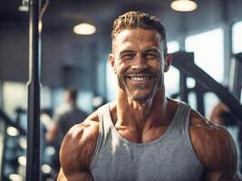 ai generiert gut aussehend brutal Mann im das Fitnessstudio foto