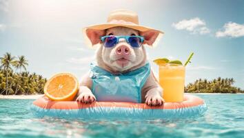 ai generiert süß Schwein im ein Schwimmen Ring haben ein Cocktail auf das Strand foto