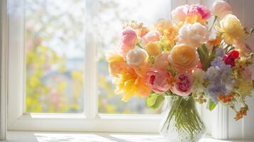 ai generiert Frühling Strauß im ein transparent Glas Vase beim das Fenster. schön Blumen foto