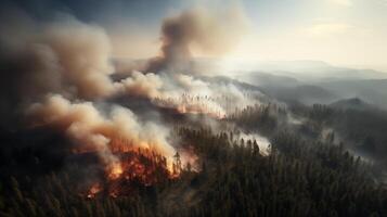 ai generiert Lauffeuer. Flamme und Rauch im das Wald. Antenne Sicht. foto