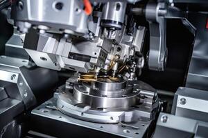 ai generiert Metallbearbeitung auf cnc Maschinen, modern industriell Technologie zum Herstellung industriell Teile foto