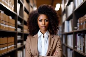 ai generiert Porträt von ein stilvoll Afroamerikaner Bibliothekar im formal Kleidung, Stehen im das Universität Bibliothek und suchen beim das Kamera foto