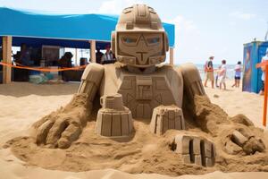 ai generiert ein Roboter Sand Skulptur auf das Strand. Kunst Festival foto