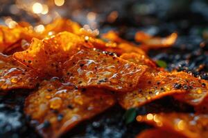 ai generiert frisch Kartoffel Chips verstreut auf das Tisch. ein köstlich Snack foto