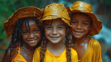 ai generiert drei Kinder im bunt Kleider haben Spaß während es Regen draußen foto