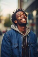 ai generiert Porträt von ein lächelnd afrikanisch Mann im Nahansicht Stehen auf das Straße foto