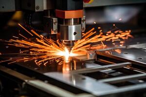 ai generiert Laser- Schneiden von Metall auf cnc Maschinen, modern industriell Technologie zum Herstellung industriell Teile. modern Metallbearbeitung foto