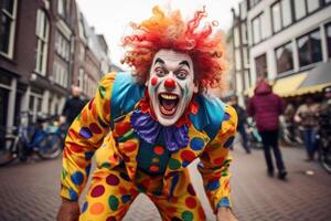 ai generiert komisch komisch Clown im ein hell Kostüm auf ein Stadt Straße foto