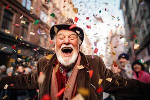 ai generiert ein glücklich Alten Mann im festlich Kleidung drückt aus seine Emotionen während Konfetti fliegt beim ihm foto