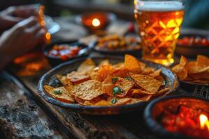 ai generiert ein Glas von Bier und Kartoffel Chips im ein Teller auf das Tisch. geeignet zum Bier Festival, Kneipe, Restaurant foto