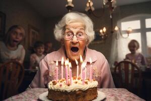 ai generiert ein Alten Frau weht aus das Kerzen auf ein Geburtstag Kuchen beim ihr Zuhause foto