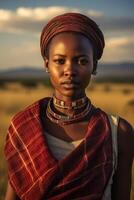 ai generiert Porträt von ein afrikanisch Mädchen im National Kleider und im ein National Kopfschmuck auf das Hintergrund von das Savanne foto