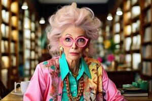 ai generiert Porträt von ein Alten Bibliothekar Frau im farbig Kleider und Brille Stehen im das Universität Bibliothek und suchen beim das Kamera foto