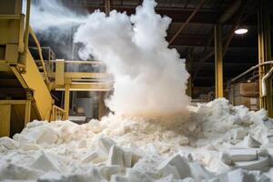 ai generiert ein Papier Produktion Linie beim ein Abfall Papier Recycling Fabrik. Fruchtfleisch und Papier Mühle foto