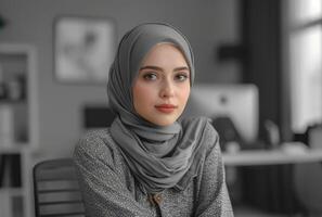 ai generiert Muslim Frauen Profis sind sitzend im das Büro, Rechenschaftspflicht Konzept foto