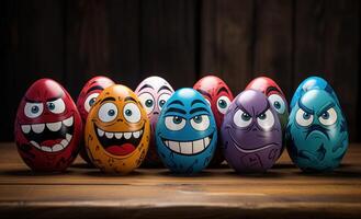 ai generiert bunt Ostern Eier geschmückt mit Karikatur Zeichen zum ein festlich und spielerisch Feier, Ostern Eier Bild foto