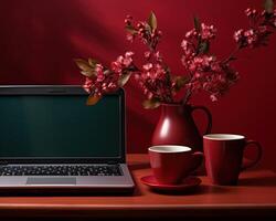 ai generiert Blume Topf neben Laptop und Kaffee Tasse, Bild von Kaffee foto