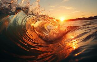 ai generiert beschwingt Sonnenuntergang Abgüsse faszinierend Reflexionen auf sanft rollen Wasser Wellen, Wasser fließen Bild foto