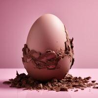 ai generiert ein Süss Schokolade Ei Schale platziert auf ein beschwingt Rosa Hintergrund, Ostern Pralinen Konzept foto