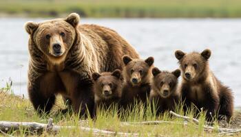 ai generiert braun Bär Sau und Jungen spielen im Gras durch Wasser beim See genießen ein friedlich Tag im das Wildnis, Baby Tiere Bild foto