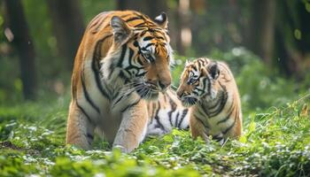 ai generiert Russisch Tiger und Jungtier im Grün Wald Gras Verbindung und erkunden das wild zusammen, Baby Tiere Bild foto