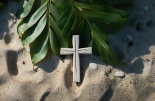 ai generiert hölzern Kreuz steht hoch im sandig Strand umgeben durch Palme Blätter, Palme Kreuze Bild foto