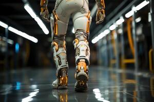 ai generiert ein Mann selbstbewusst Spaziergänge mit ein futuristisch Roboter Bein präsentieren fortgeschritten Technologie und Innovation im künstlich Glieder, Roboter Technologie foto