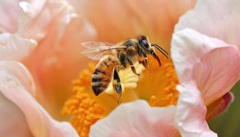 ai generiert Honigbiene fliegt zu Wüste Gold Pfirsich Blume zum Nektar, Insekten und Schmetterlinge Bild foto