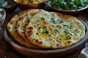 ai generiert köstlich Makhani Rava Naan und aromatisch daal mit channa Masala auf ein Platte, gudi Padwa Süßigkeiten und Küche Bild foto