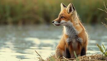 ai generiert neugierig rot Fuchs Welpe erkunden durch das Wasser beim ein heiter See, Baby Tiere Bild foto