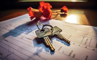 ai generiert Schlüssel ruhen auf ein Hypothek die Genehmigung bilden symbolisieren das Aufregung von ein Neu Zuhause kaufen, Zuhause Darlehen Papierkram Bild foto