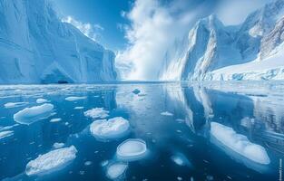 ai generiert Wasserfall und Eis Schollen dominieren riesig Antarktis Landschaften, Gletscher und Eisberge Bild foto