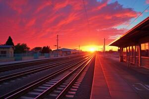 ai generiert Sonne setzt über ein Zug Bahnhof, Öffentlichkeit Transport Stadt Bild foto