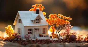ai generiert Miniatur Haus im fallen Blumentopf auf Rasen, Hütte Downsizing Bild foto