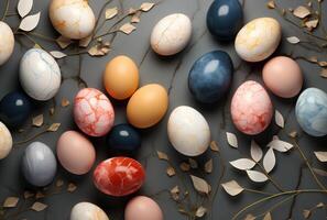 ai generiert beschwingt Ostern Eier sich ausruhen auf ein belaubt Hintergrund mit Schnüre, Ostern Feierlichkeiten Bild foto