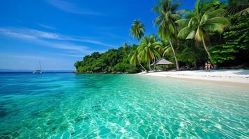 ai generiert Foto von ein tropisch Landschaft mit Palme Bäume und Blau Meer, Weiß Sand, Grün Palme Bäume ai generiert