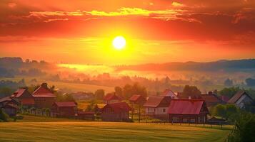 ai generiert Bild von friedlich Dorf beim Sonnenuntergang. das Sonne sollte erscheinen groß, hell, und perfekt runden ai generiert foto