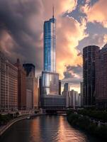 ai generiert Foto von dramatisch Stadtbild mit hoch aufragend Wolkenkratzer, heiter Fluss, prominent Glas Wolkenkratzer steht im das Center. Umgebung Gebäude Erstellen dicht städtisch Umgebung ai generiert