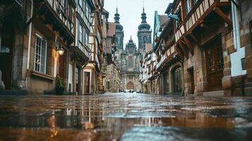 ai generiert Foto Kopfsteinpflaster Straße gefüttert mit historisch Gebäude führen gegenüber ein aufwendig Dom. das Gebäude haben rustikal Charme, mit Stein Konstruktion und Holz Balkone ai generiert