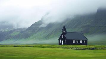 ai generiert Foto von einsam schwarz Kirche gelegen im das Mitte von ein expansiv Grün Feld. ai generiert